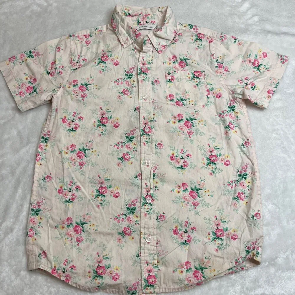 Janie and Jack Floral Poplin Shirt Boys Size 12‎ Button Down 100% Cotton Easter